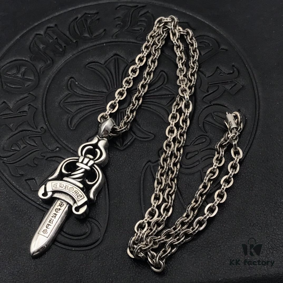 High-Version Chrome Hearts Large Sword Pendant Necklace, Original Handwritten Engraving, Paired with Letter Chain, 50-70cm Adjustable Length