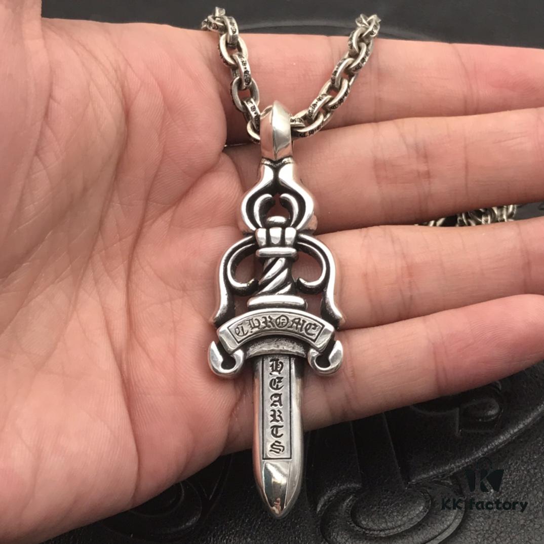 High-Version Chrome Hearts Large Sword Pendant Necklace, Original Handwritten Engraving, Paired with Letter Chain, 50-70cm Adjustable Length