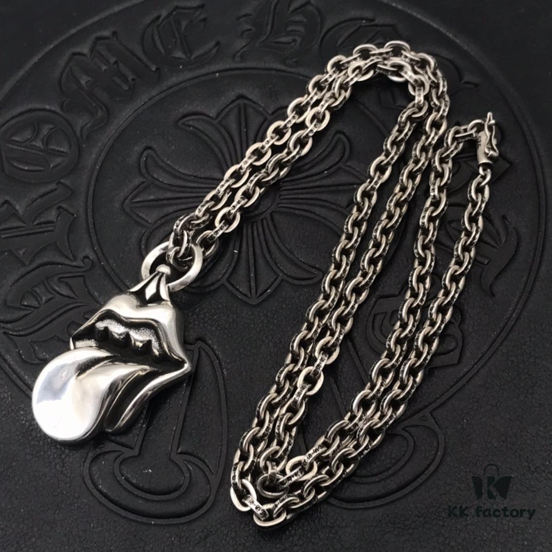 High-End Chrome Hearts Oversized Rolling Stones Tongue Pendant Necklace with Letter Chain, 50-70cm Adjustable Length