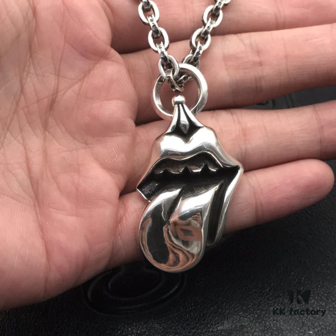 High-End Chrome Hearts Oversized Rolling Stones Tongue Pendant Necklace with Letter Chain, 50-70cm Adjustable Length
