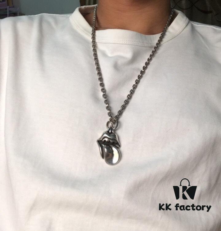 High-End Chrome Hearts Oversized Rolling Stones Tongue Pendant Necklace with Letter Chain, 50-70cm Adjustable Length
