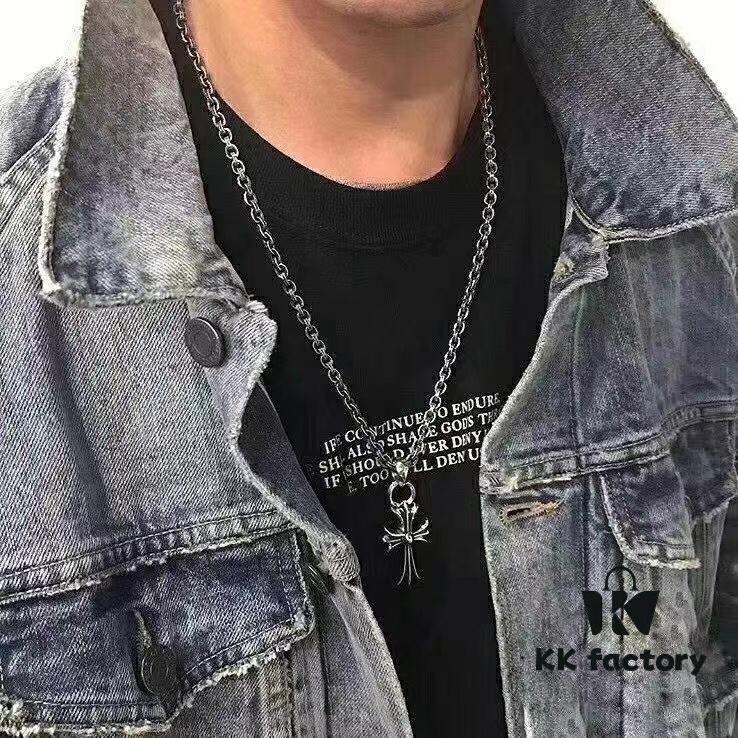 High-Version Chrome Hearts Classic Medium Waterdrop Double Ring Cross Pendant Necklace with Letter Chain, 50-70cm Adjustable Length