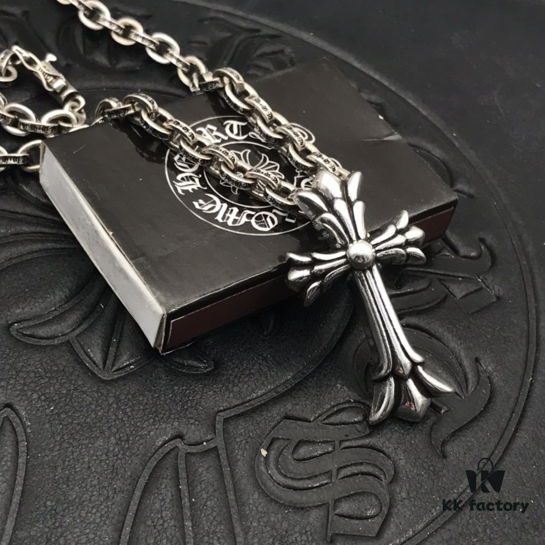 High-Grade Replica Chrome Hearts Classic Medium Double Layer Cross Pendant Necklace with Letter Chain, 50-70cm Adjustable Length