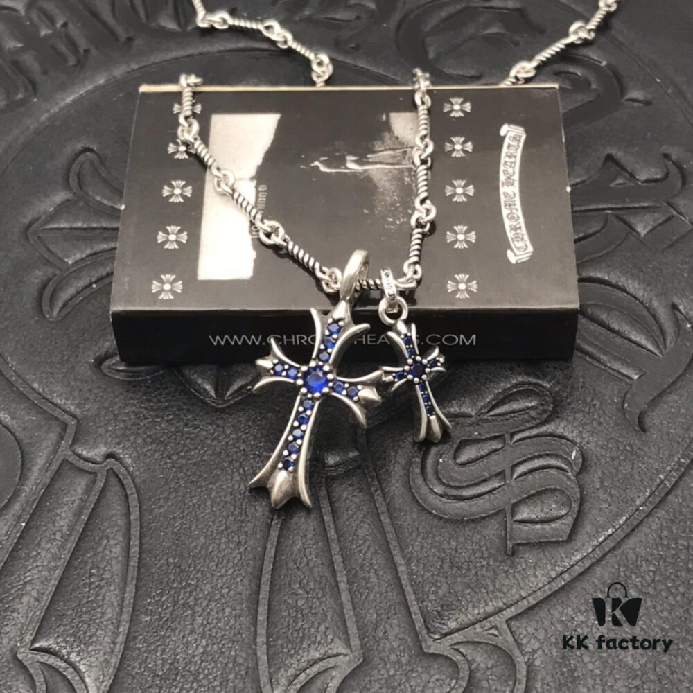 High-Version Chrome Hearts Blue Diamond Aged Double Cross Necklace, One Style Four Wears, The Pinnacle of Cross Necklaces, A Timeless Classic