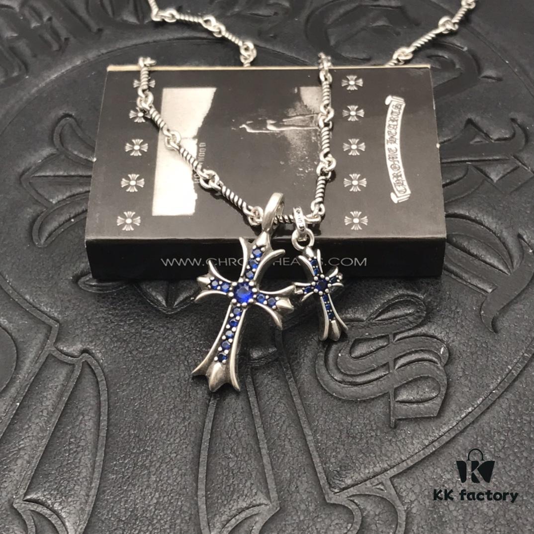 High-Version Chrome Hearts Blue Diamond Aged Double Cross Necklace, One Style Four Wears, The Pinnacle of Cross Necklaces, A Timeless Classic