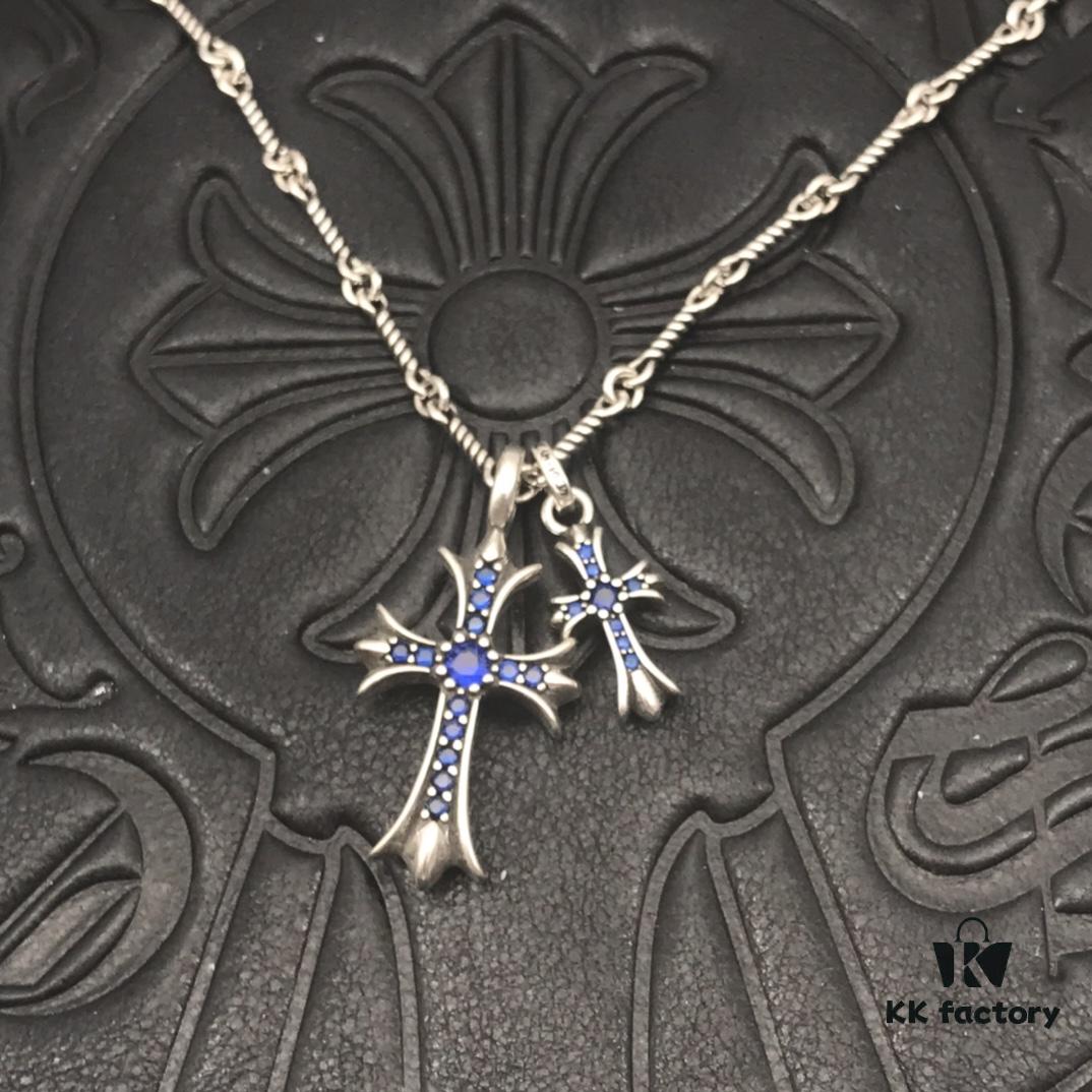 High-Version Chrome Hearts Blue Diamond Aged Double Cross Necklace, One Style Four Wears, The Pinnacle of Cross Necklaces, A Timeless Classic