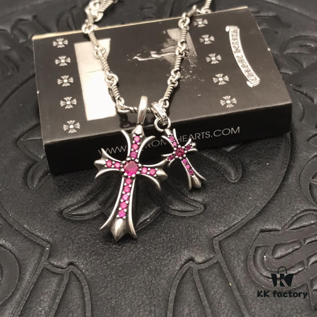 High-Version Chrome Hearts Pink Diamond Aged Double Cross Necklace, One Item with Four Chains, the Pinnacle of Cross Necklaces, a Timeless Classic