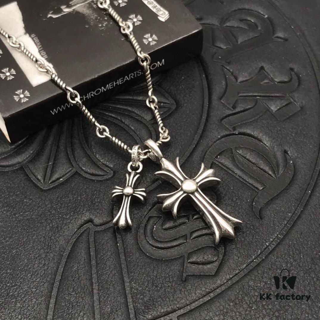 High-Version Chrome Hearts Pink Diamond Aged Double Cross Necklace, One Item with Four Chains, the Pinnacle of Cross Necklaces, a Timeless Classic