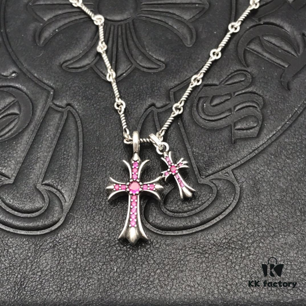 High-Version Chrome Hearts Pink Diamond Aged Double Cross Necklace, One Item with Four Chains, the Pinnacle of Cross Necklaces, a Timeless Classic