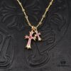 High-End Chrome Hearts Pink Diamond Double Cross Necklace, Thick 22K Gold Plated, 50-70cm Adjustable Chain