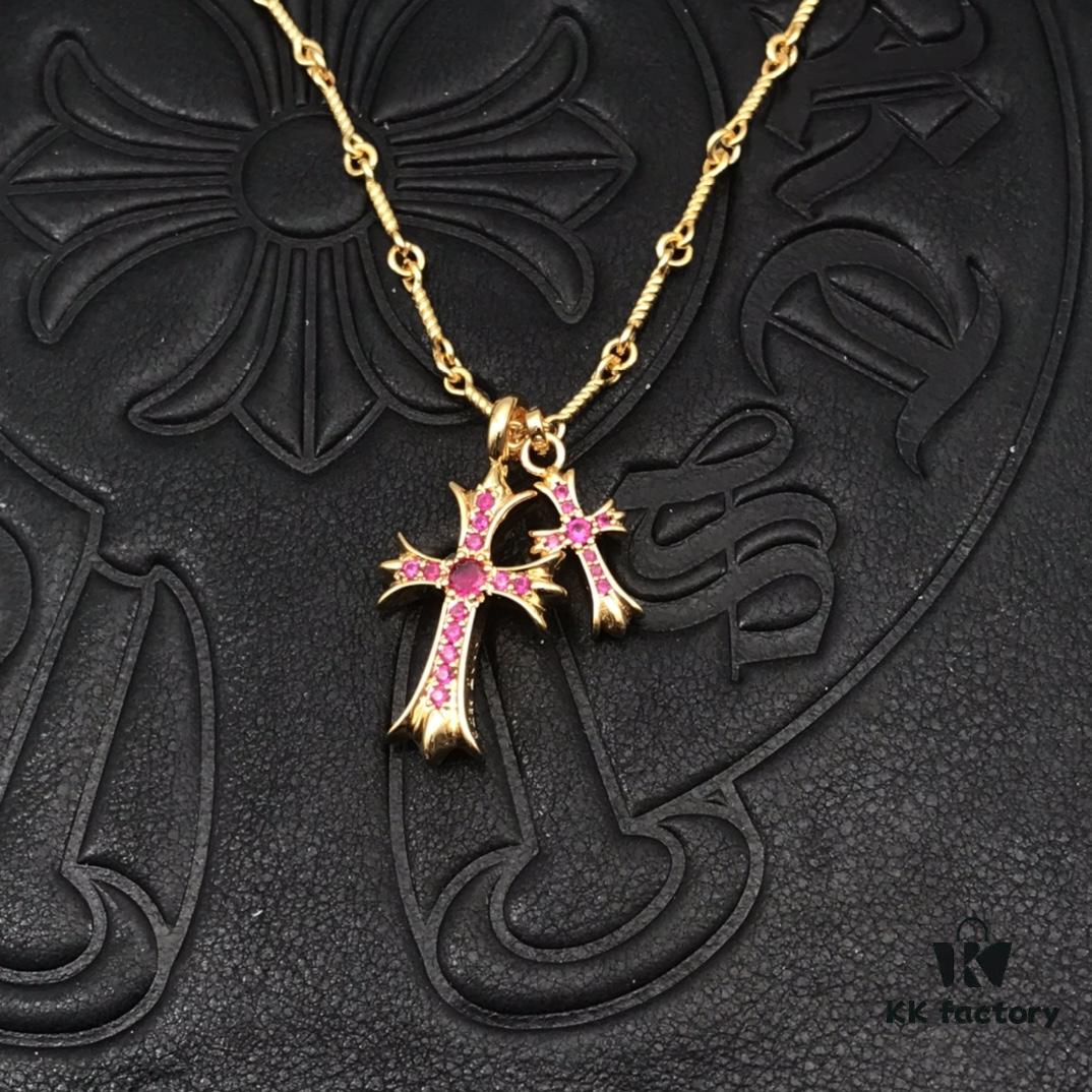 High-End Chrome Hearts Pink Diamond Double Cross Necklace, Thick 22K Gold Plated, 50-70cm Adjustable Chain
