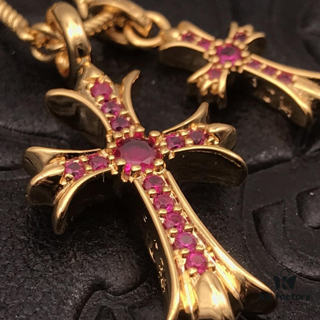 High-End Chrome Hearts Pink Diamond Double Cross Necklace, Thick 22K Gold Plated, 50-70cm Adjustable Chain