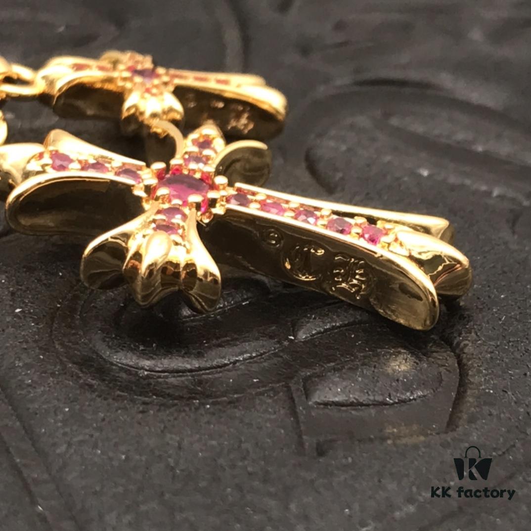 High-End Chrome Hearts Pink Diamond Double Cross Necklace, Thick 22K Gold Plated, 50-70cm Adjustable Chain