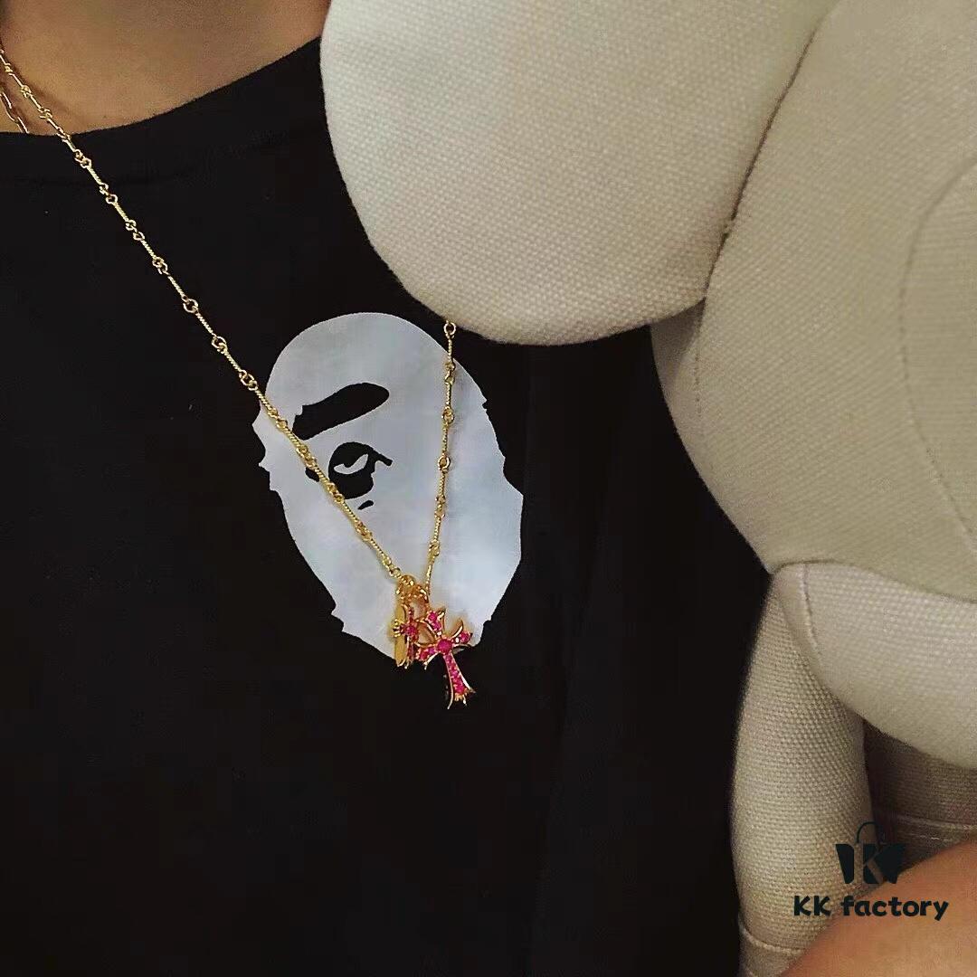 High-End Chrome Hearts Pink Diamond Double Cross Necklace, Thick 22K Gold Plated, 50-70cm Adjustable Chain