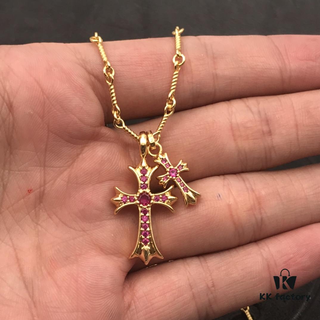 High-End Chrome Hearts Pink Diamond Double Cross Necklace, Thick 22K Gold Plated, 50-70cm Adjustable Chain