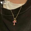 High-End Chrome Hearts Pink Diamond Double Cross Necklace, Thick 22K Gold Plated, 50-70cm Adjustable Chain