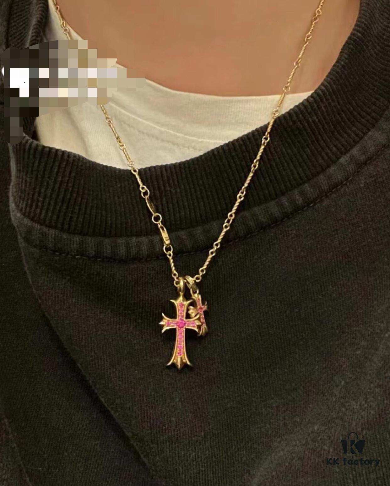 High-End Chrome Hearts Pink Diamond Double Cross Necklace, Thick 22K Gold Plated, 50-70cm Adjustable Chain