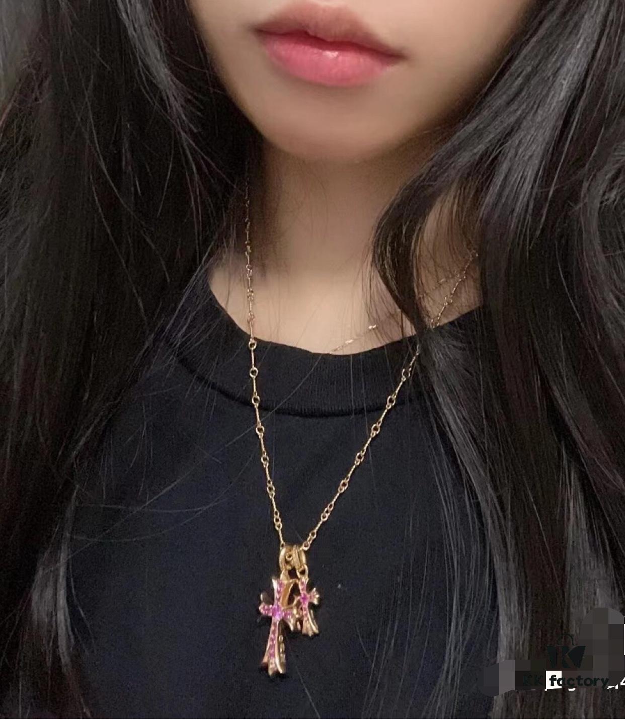 High-End Chrome Hearts Pink Diamond Double Cross Necklace, Thick 22K Gold Plated, 50-70cm Adjustable Chain