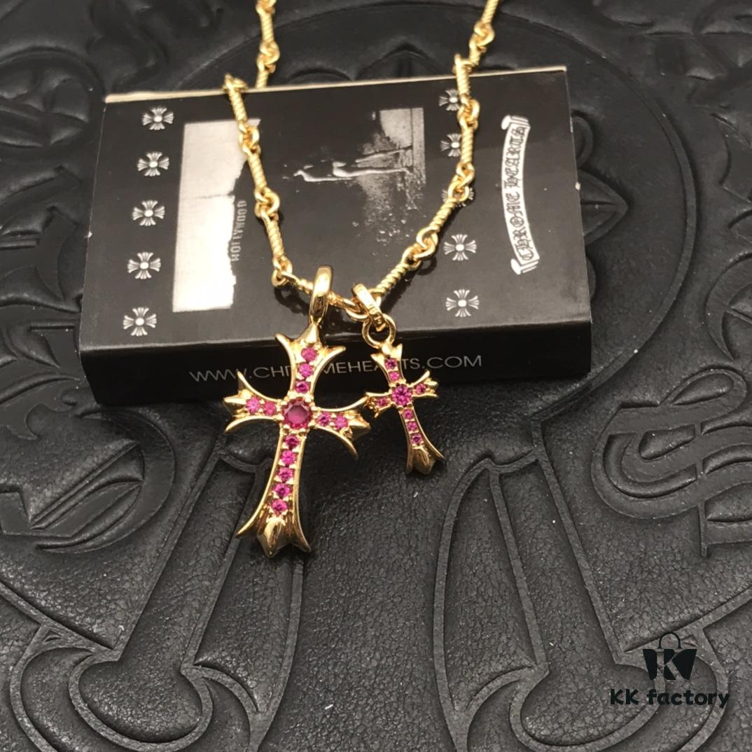 High-End Chrome Hearts Pink Diamond Double Cross Necklace, Thick 22K Gold Plated, 50-70cm Adjustable Chain