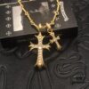 High-Version Chrome Hearts White Diamond Double Cross Necklace, Thick 22K Gold Plated, 50-70cm Adjustable Chain