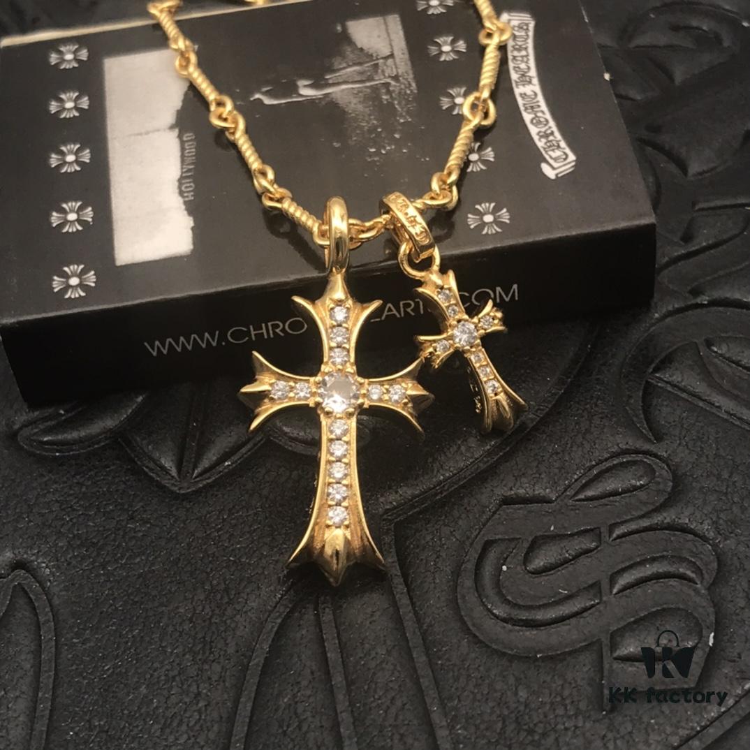 High-Version Chrome Hearts White Diamond Double Cross Necklace, Thick 22K Gold Plated, 50-70cm Adjustable Chain