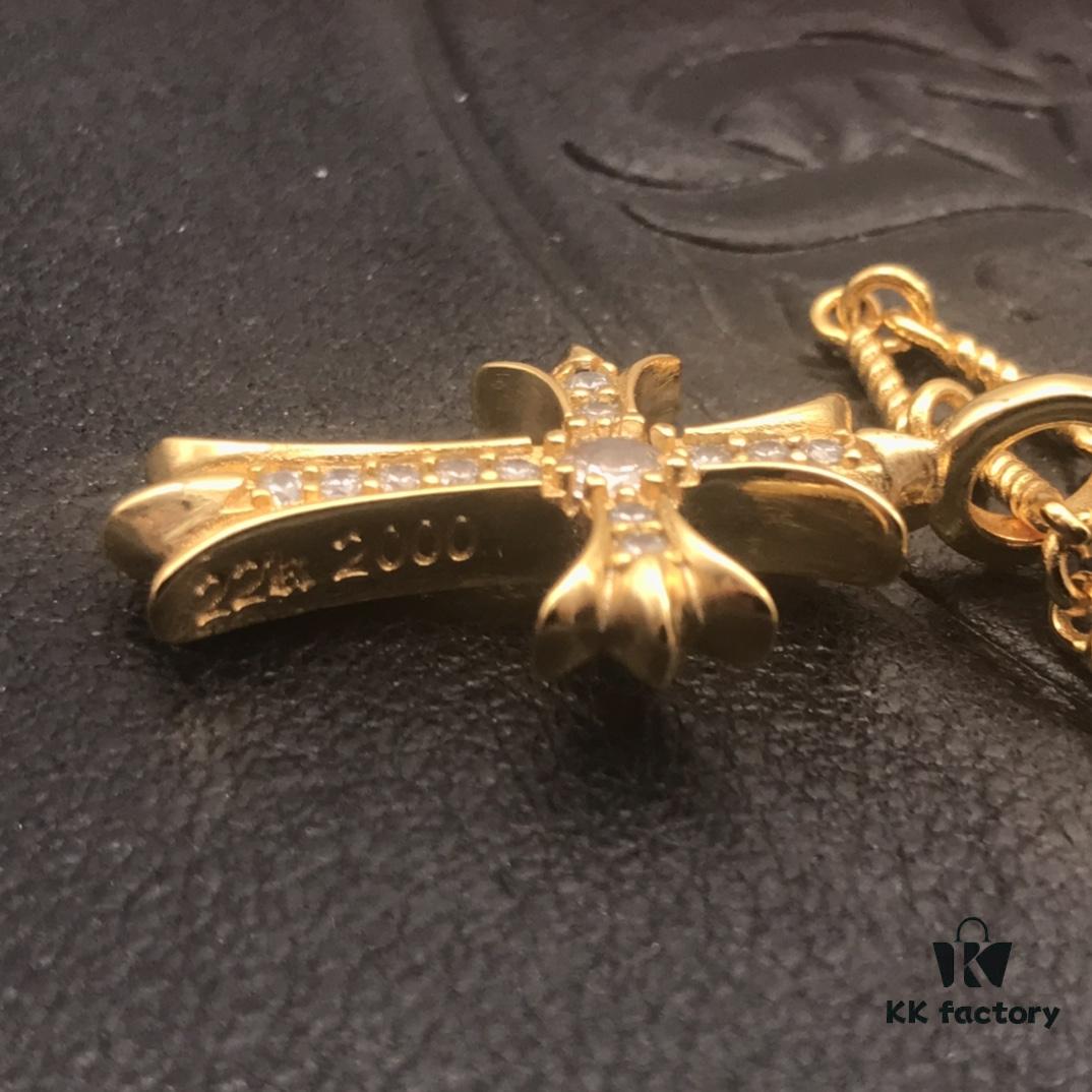 High-Version Chrome Hearts White Diamond Double Cross Necklace, Thick 22K Gold Plated, 50-70cm Adjustable Chain