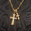 High-Version Chrome Hearts White Diamond Double Cross Necklace, Thick 22K Gold Plated, 50-70cm Adjustable Chain