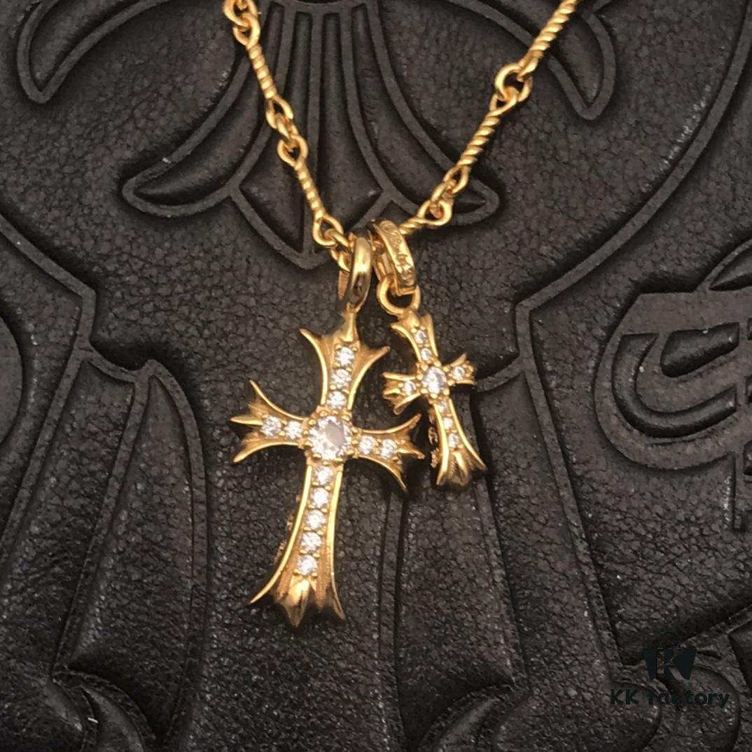 High-Version Chrome Hearts White Diamond Double Cross Necklace, Thick 22K Gold Plated, 50-70cm Adjustable Chain