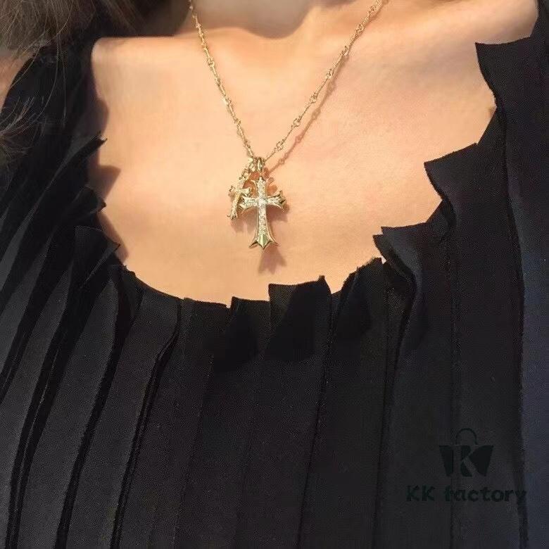 High-Version Chrome Hearts White Diamond Double Cross Necklace, Thick 22K Gold Plated, 50-70cm Adjustable Chain