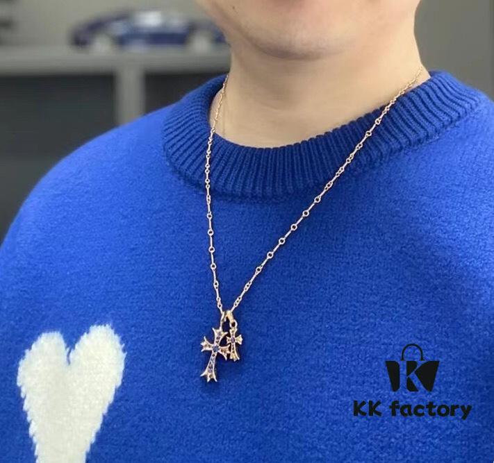 High-Version Chrome Hearts Blue Diamond Double Cross Necklace, Thick 22K Gold Plated, 50-70cm Adjustable Chain