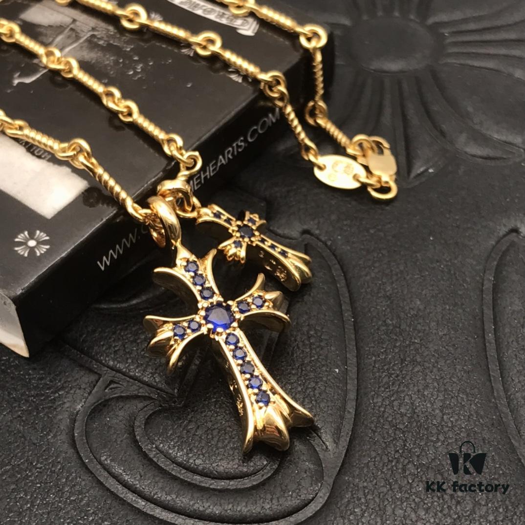 High-Version Chrome Hearts Blue Diamond Double Cross Necklace, Thick 22K Gold Plated, 50-70cm Adjustable Chain