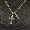 High-Version Chrome Hearts Blue Diamond Double Cross Necklace, Thick 22K Gold Plated, 50-70cm Adjustable Chain