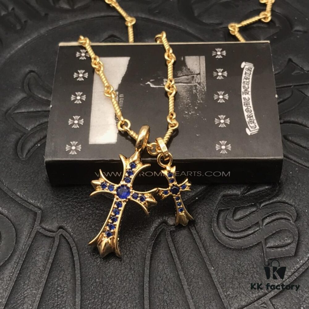 High-Version Chrome Hearts Blue Diamond Double Cross Necklace, Thick 22K Gold Plated, 50-70cm Adjustable Chain