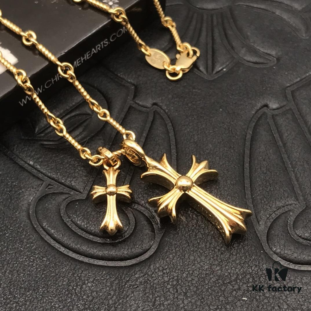 High-Version Chrome Hearts Blue Diamond Double Cross Necklace, Thick 22K Gold Plated, 50-70cm Adjustable Chain