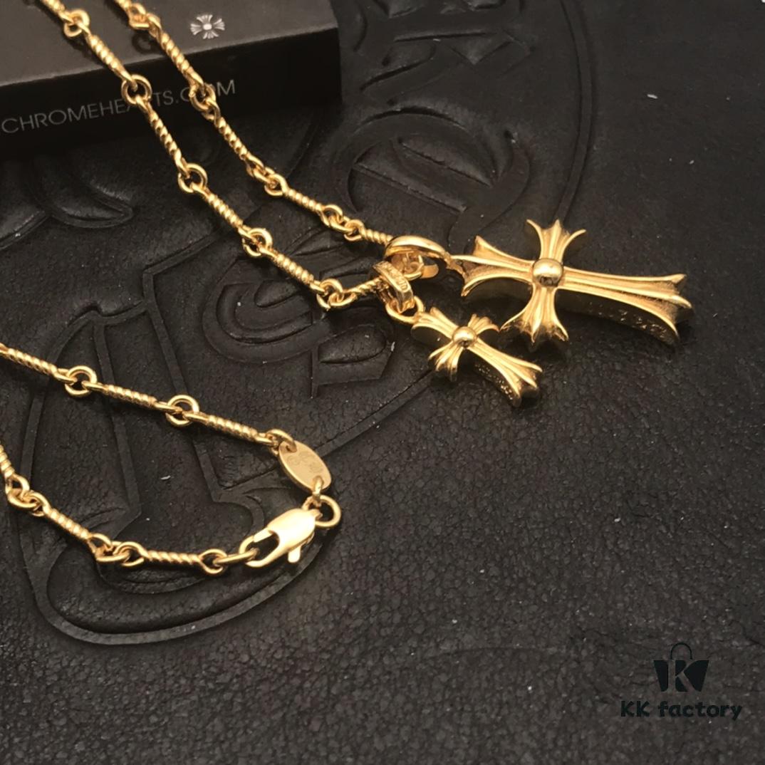 High-Version Chrome Hearts White Diamond Double Cross Necklace, Thick 22K Gold Plated, 50-70cm Adjustable Chain