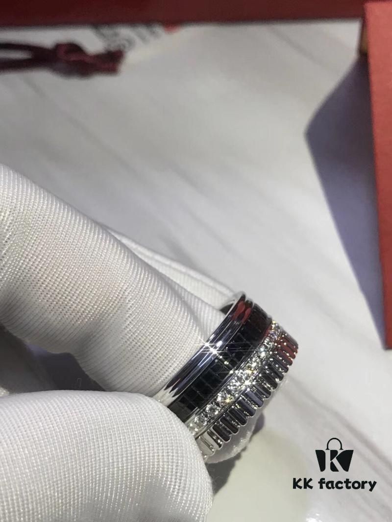 Perfect Couple Ring | US Size 6 7 8 9 10 mm Inner Diameter | Rotatable Double Bands | Pendant-Inspired Design | Boucheron Quatre Radiant Style | Brilliant Diamonds with Ribbon-Line Engraving, Black Ceramic Diamond Pattern