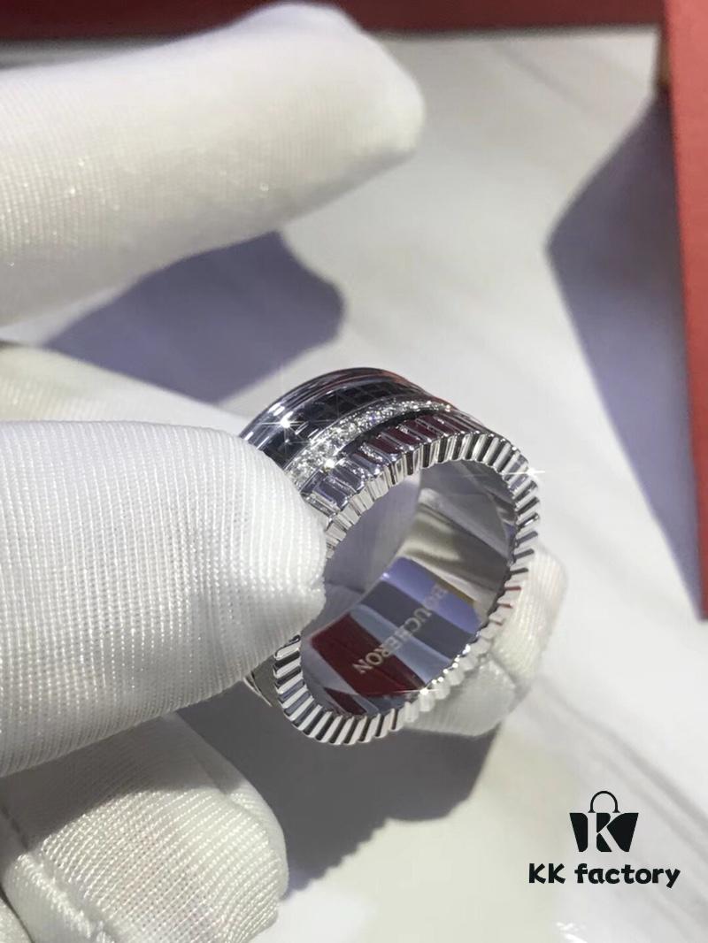 Perfect Couple Ring | US Size 6 7 8 9 10 mm Inner Diameter | Rotatable Double Bands | Pendant-Inspired Design | Boucheron Quatre Radiant Style | Brilliant Diamonds with Ribbon-Line Engraving, Black Ceramic Diamond Pattern