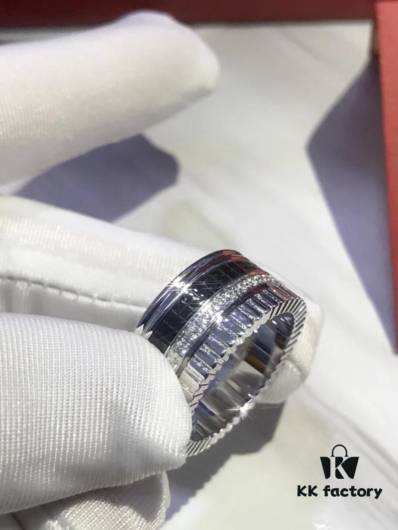 Perfect Couple Ring | US Size 6 7 8 9 10 mm Inner Diameter | Rotatable Double Bands | Pendant-Inspired Design | Boucheron Quatre Radiant Style | Brilliant Diamonds with Ribbon-Line Engraving, Black Ceramic Diamond Pattern