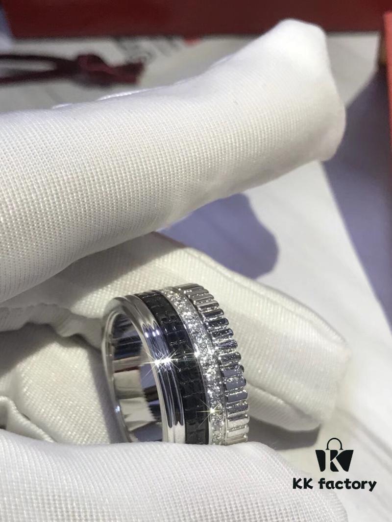 Perfect Couple Ring | US Size 6 7 8 9 10 mm Inner Diameter | Rotatable Double Bands | Pendant-Inspired Design | Boucheron Quatre Radiant Style | Brilliant Diamonds with Ribbon-Line Engraving, Black Ceramic Diamond Pattern