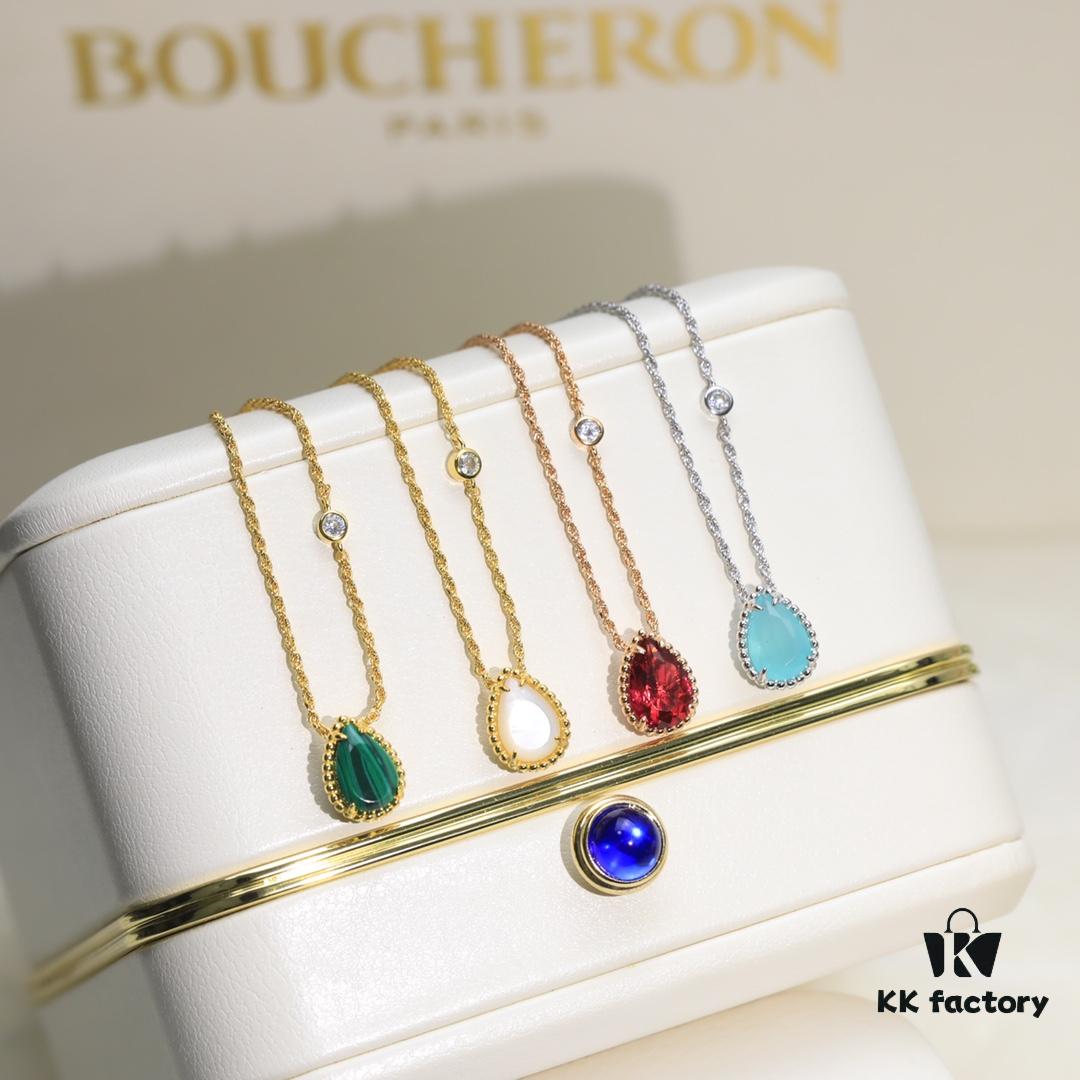 Boucheron Goutte de Ressac Necklace 💧 SERPENT BOHÈME Collection. Timeless and modern, featuring a droplet-shaped design embellished with pave diamonds, perfectly aligned with contemporary aesthetics. Logo-engraved Boucheron necklace, 45cm length with adjustable chain for an elegant fit 👼. Petite droplet necklace. Brand story: the water droplet symbolizes 'For the one I love most.'