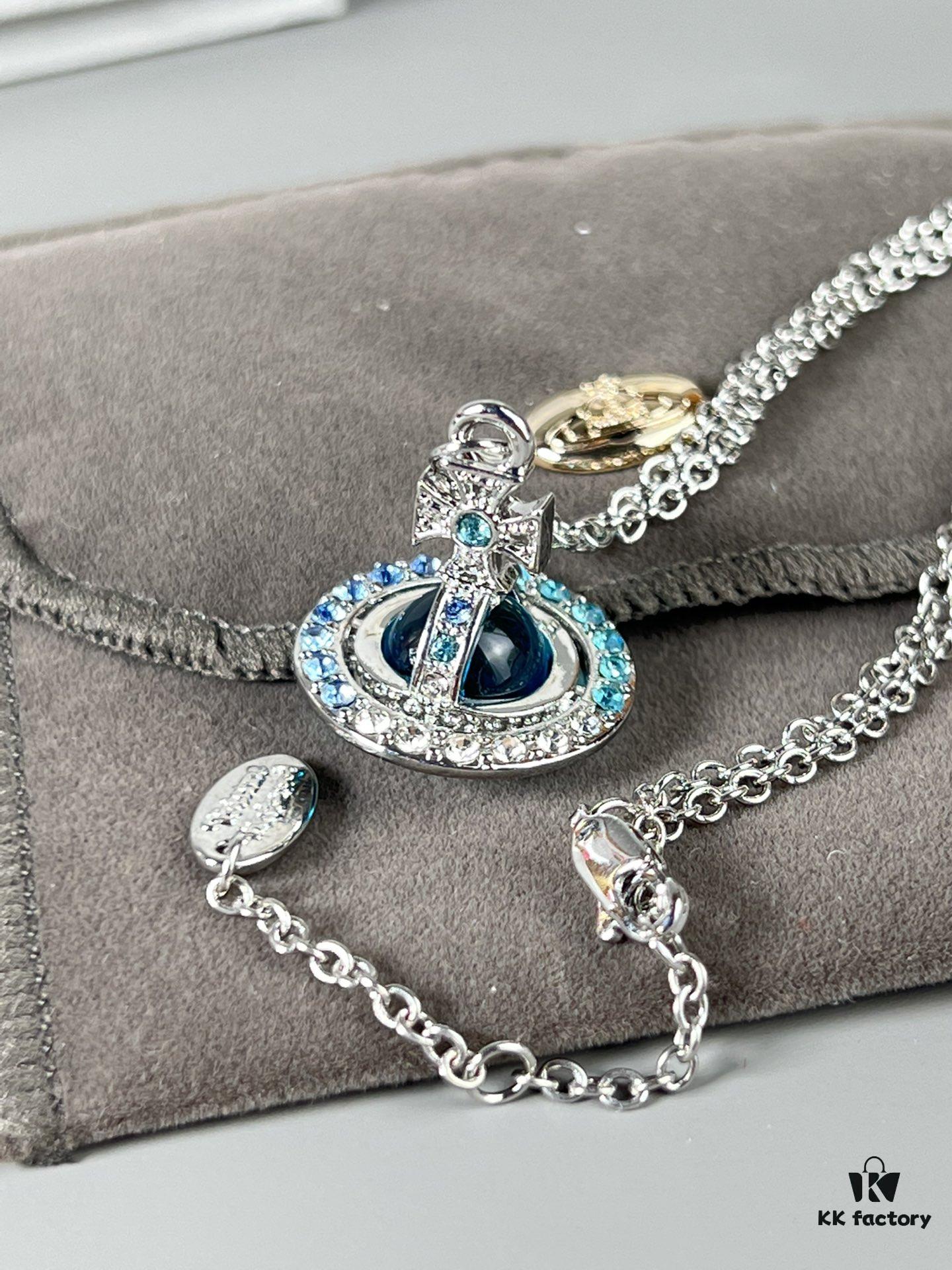 Vivienne Westwood Saturn Necklace in Silver and Blue with Gradient Small Diamonds