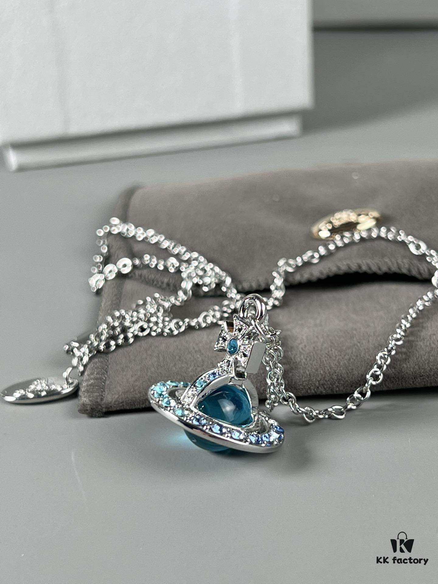 Vivienne Westwood Saturn Necklace in Silver and Blue with Gradient Small Diamonds
