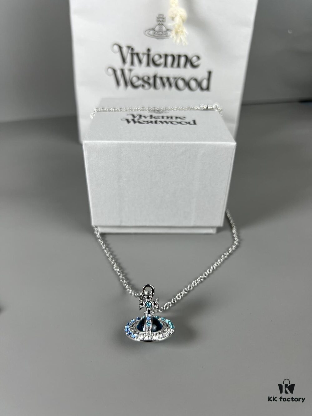 Vivienne Westwood Saturn Necklace in Silver and Blue with Gradient Small Diamonds