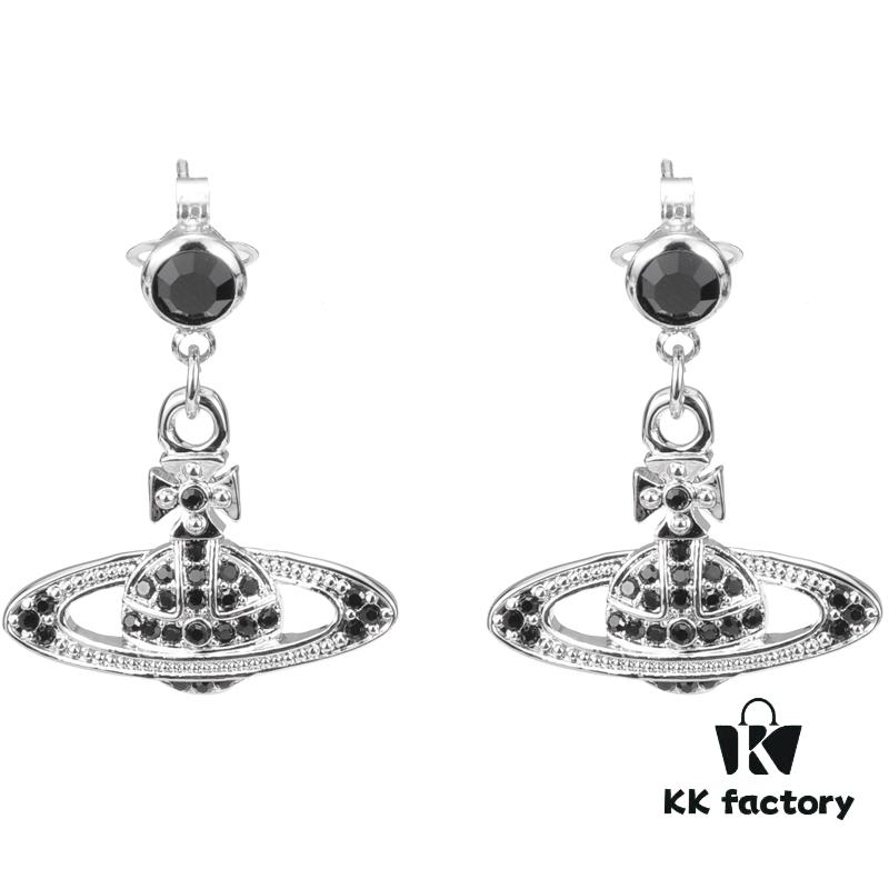 West Grandma Black Crystal Diamond Platform Saturn Stud Earrings