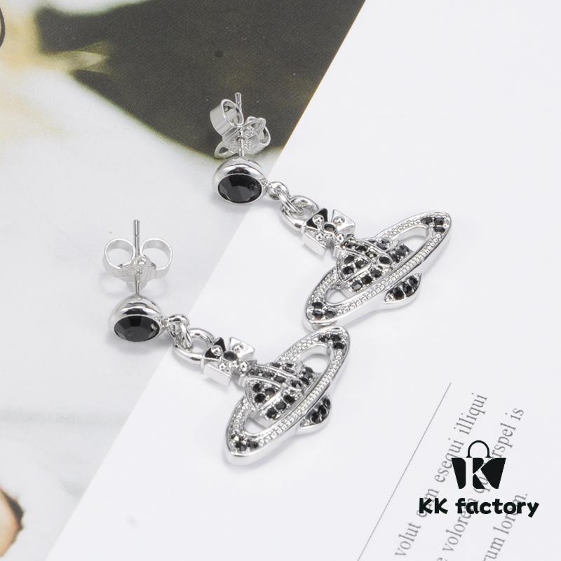 West Grandma Black Crystal Diamond Platform Saturn Stud Earrings