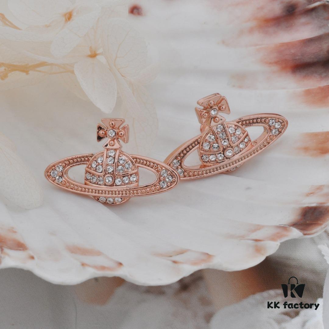 West Queen Classic Full Diamond Stud Earrings - Rose Gold with White Diamonds