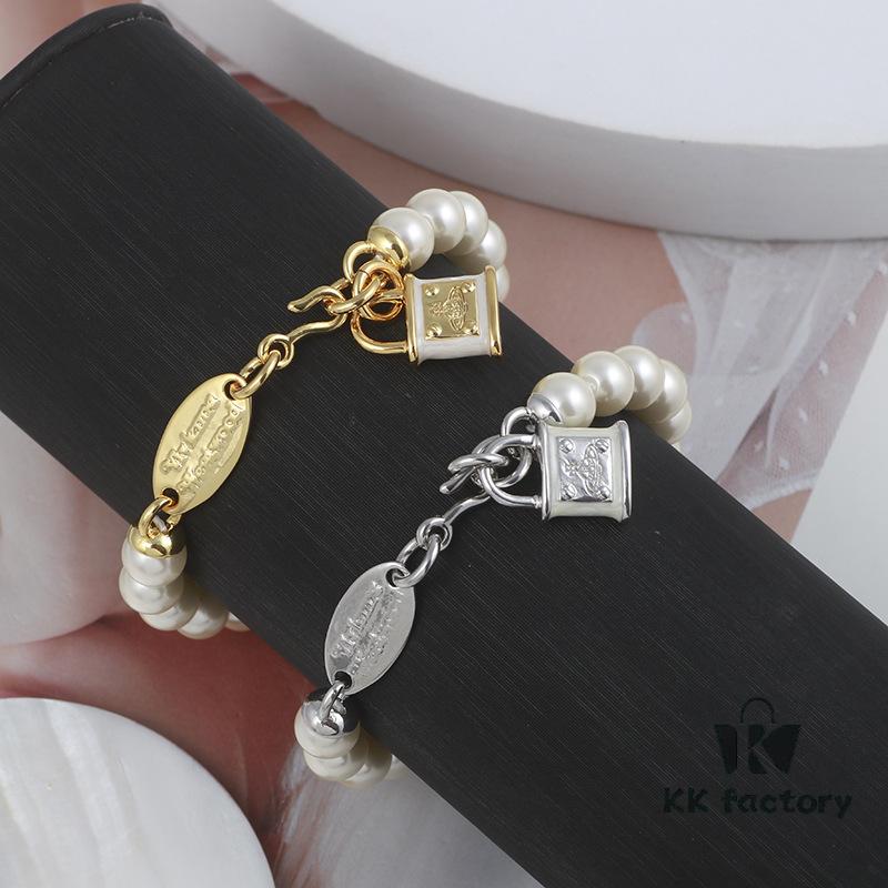 Wholesale European and American Fashion Jewelry Minimalist Enamel 3D Lock Pearl Cuff Bracelet for Women Drop Shipping Assorted Batch