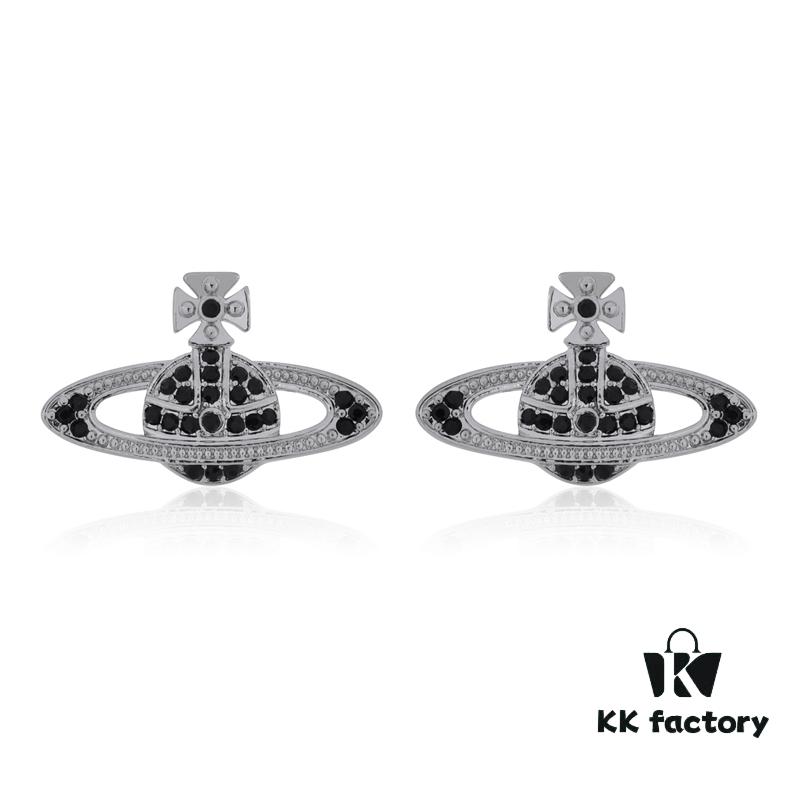 West Grandma Classic Full-Zirconia Stud Earrings - Silver Black Zirconia Saturn Plugs