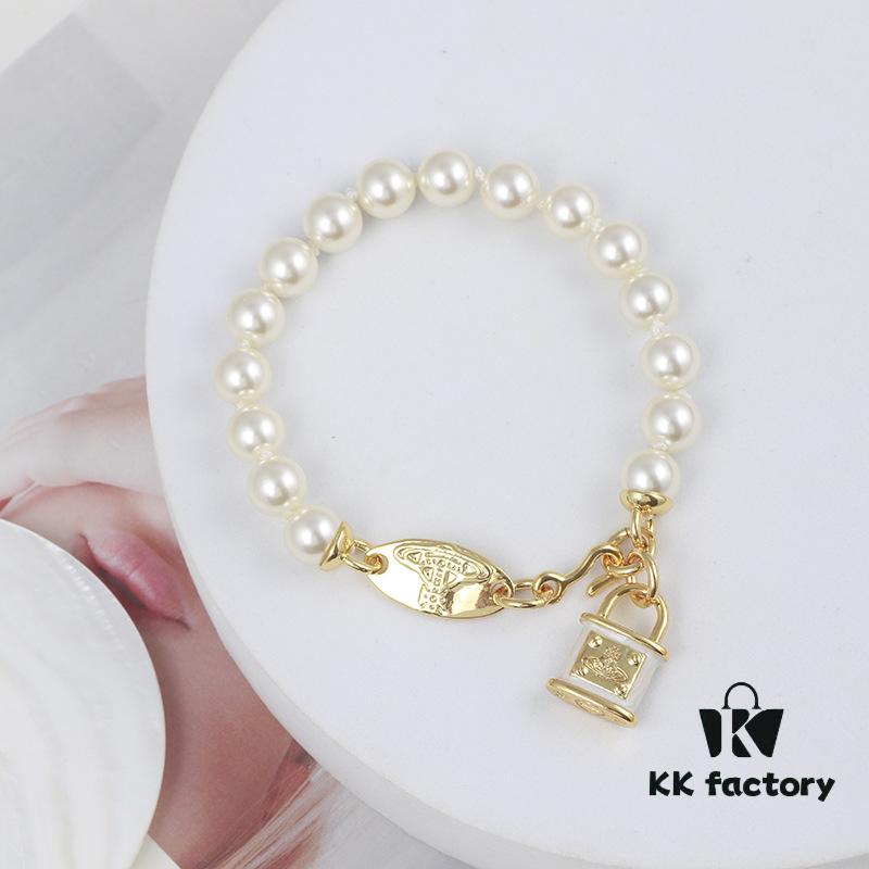 Wholesale European and American Fashion Jewelry Minimalist Enamel 3D Lock Pearl Cuff Bracelet for Women Drop Shipping Assorted Batch