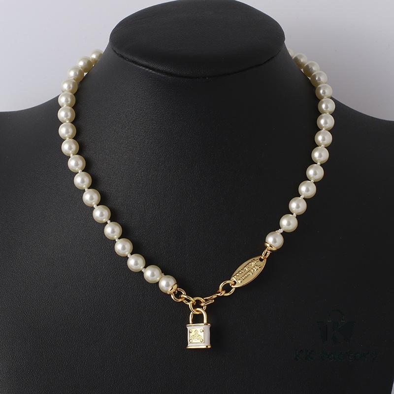Wholesale European and American Fashion Jewelry Saturn Pearl and Enamel 3D Small Lock Necklace for Women, Drop Shipping Available
